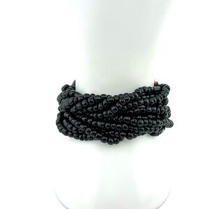 Vintage Black Beaded Bracelet With Wood Clasp